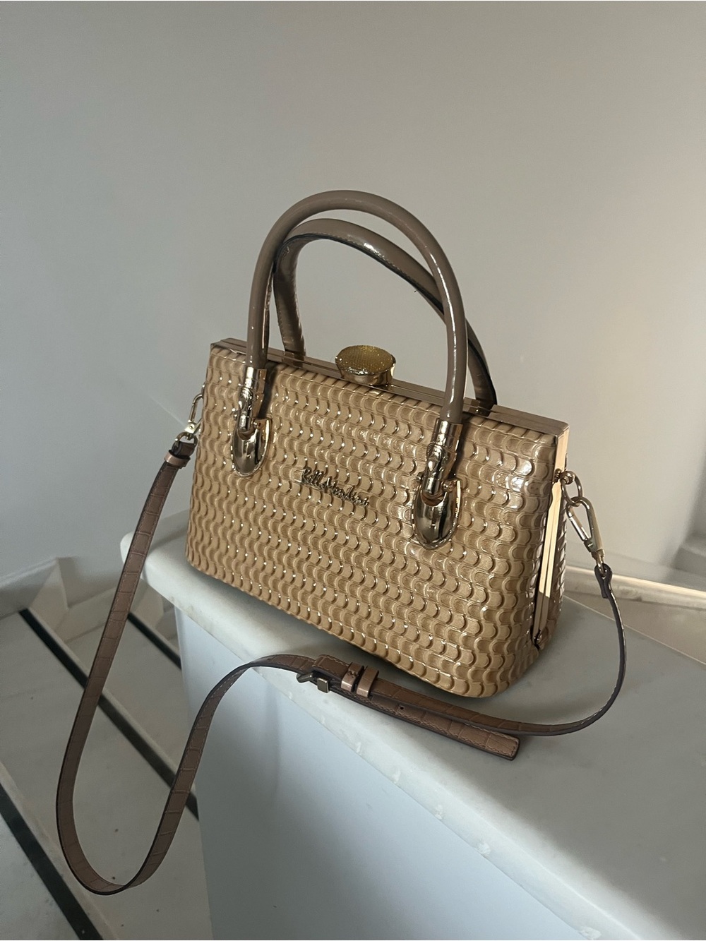 Textured Tan Satchel with Gold Hardware